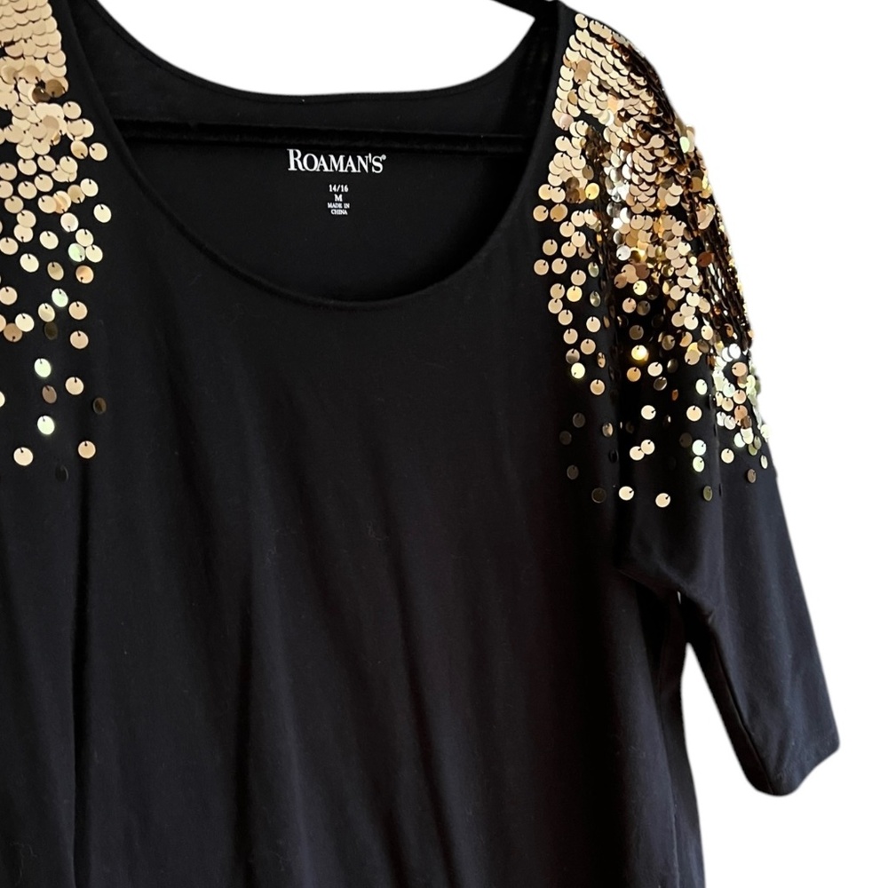 Romans Three Quarter Sleeve Gold Sequin Embellished Tunic 30" Length Cotton/Poly - Picture 3 of 5